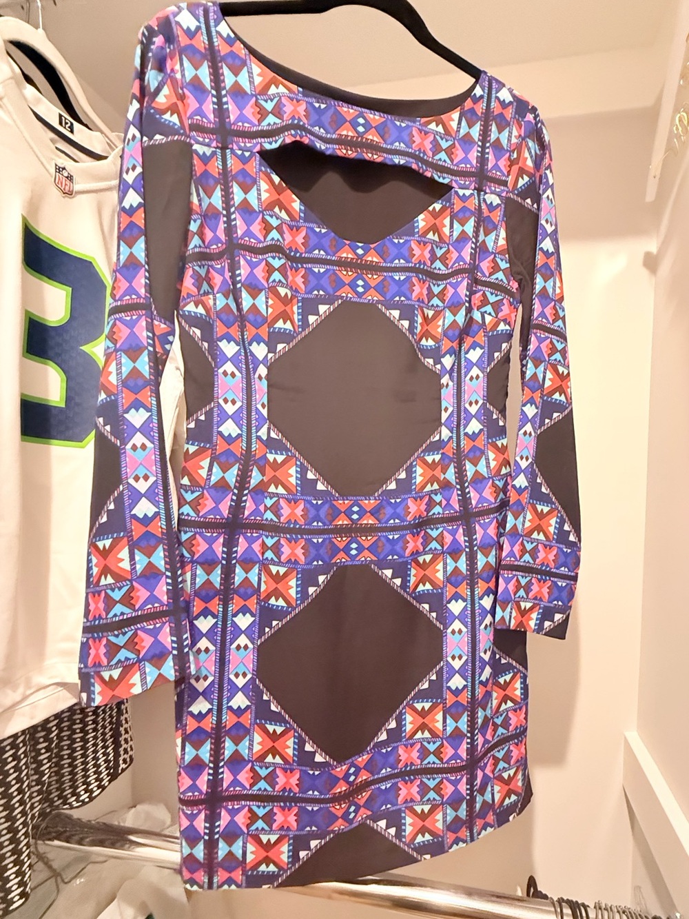 Mara Hoffman Long-Sleeve Geometric Print Dress in Purple, Blue, Red and Black